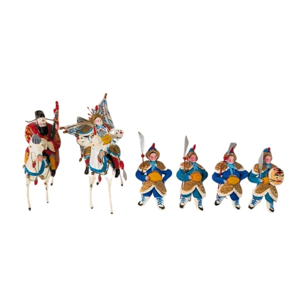 Vintage Chinese Export Folk Art Procession Figures Set‎ of 6 Mid Century Bells